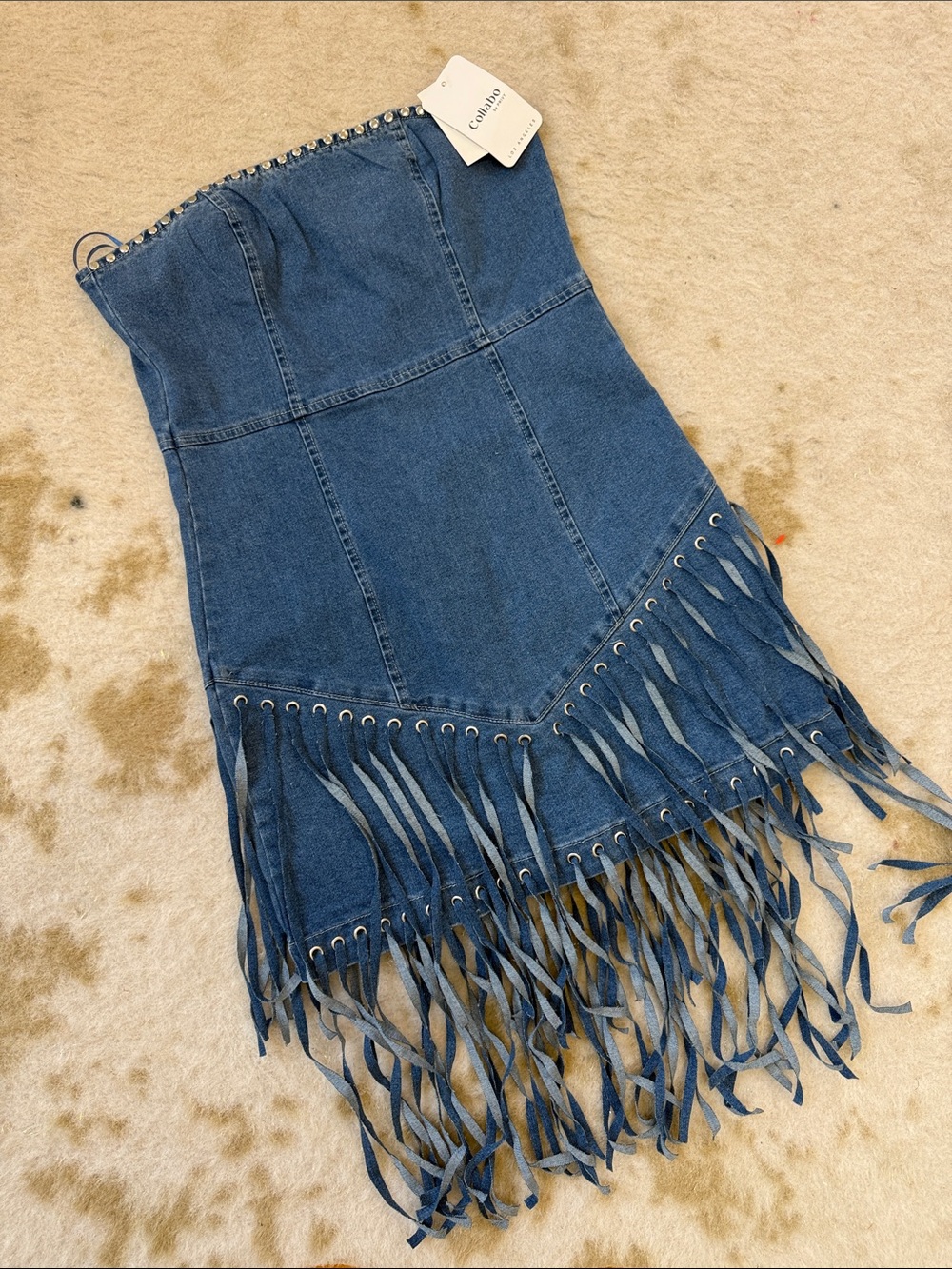 Strapless Blue Denim Mini Dress with Fringe
